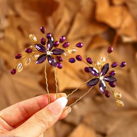 IYOU Bridal Wedding Hair Pins Purple Flower Hair Clips Shiny Rhinestone Baroque Bridesmaid Prom Hair Accessories for Women(Pack of 2)