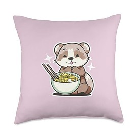 Culinary Quirk: Ferret's Noodle Adventure The Ramen-Loving Ferret: A Quirky Delight Throw Pillow, 18x18, Multicolor