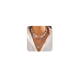 Octwine Boho Gold Silver Layered Pearls Necklaces for Women Trendy Retro Sequin Pendant Necklace Dainty Chunky Chain Choker Necklaces Simple Birthday Gifts Choker Necklace for Women (Silver)