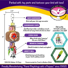 Super Bird Creations SB1090 Nibbles 'N Chips Bird Toy - Interactive Chew & Preening for Small to Medium Birds - Parrotlets Parakeets Quakers - Colorful Beads Chips & Corn Husk Chews - 8.5" x 3" x 1.5"