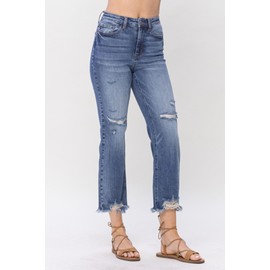 Judy Blue High Waisted Destroyed Cropped Straight Jeans for Women's Distressed Destroyed Straight Leg Denim with Frayed Hem - 88550 (US, Numeric, 15, Regular, Regular, Blue)