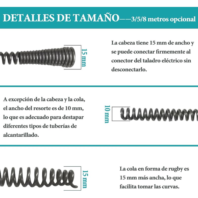Destapador de Drenaje con Resorte y Adaptador de Taladro, 3