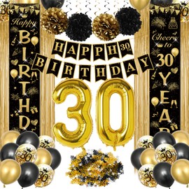 30th Birthday Decoration, Birthday Decoration Women Men, Happy Birthday Garland, Balloons Black Gold Decoration, Happy Birthday Door Banner, Number 30 Foil Balloons, Tinsel Curtain, Confetti Balloons