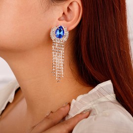 Denifery Rhinestones Earrings Gemstone Earrings Bridal Rhinestones Crystal Fringe Earrings for Wedding Charm Tassel Earrings Chandelier Dangle Drop Earrings (Blue)