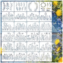 24 Pieces Flower Stencils for Crafts Reusable Wildflower Floral Spring Drawing Stencils for Painting on Wood Fabric Card Making Canvas Paper (24 Wildflower)