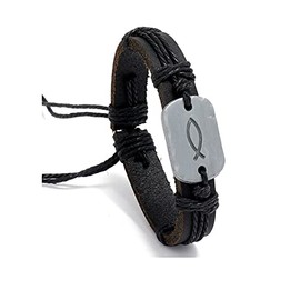 Caiyao Sign of The Fish Men's Leather Wrap Bracelet Retro Braided Leather handmade Bracelet Adjustable for men-Black