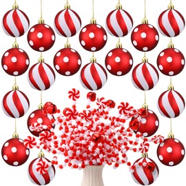 Syhood 74 Pcs Christmas Tree Decoration 2.4 inch Christmas Ball Ornaments Woolen Bells Curly Pick Glittering Peppermint Candy Cane Balls Hanging Christmas Tree Picks for Xmas Tree Decor