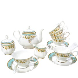 LE POTOCIO Bone China Tea Set, 21-Pieces Porcelain Tea Set for Adults, Tea Cups And Saucers for 6, with Teapot, Spoons, Sugar Bowl, Creamer Pitcher, Vintage Tea Set for Women Tea Party (Green)