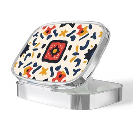 Pill Box-2 Compartment Small Pill Case Portable for Pocket & Purse Single Pill Carrier Pill Container to Hold Vitamins Medication Fish Oil and Supplements BPA-Free(Hand Painted Tiles)