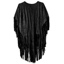 CHOiES record your inspired fashion Women's Suedette Cut Out Asymmetric Fringed Cape Kimono Blouse with Tassel Black