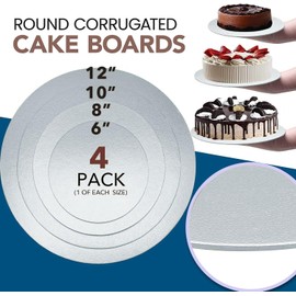 Goiio 4 Pack Cake Boards Golden Round Cake Circles 6, 8, 10, 12 Inch Cake Base Cardboard, 1 of Each Size Set for Baking Cake, Silver