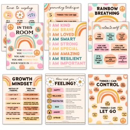 LARKINROAD 9 Groovy Mental Health Posters (11x14 Unframed) Therapy Office Decor, Retro Classroom Decor Welcome Sign, Special Education Classroom Must Haves Classroom Decorations Teacher Wall Decor