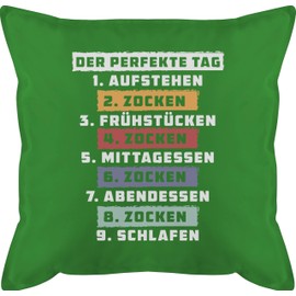 Cushion 50 x 50 cm – Statement with Sayings – Der perfekte Tag – Zocken – White – 50 x 50 cm – Green – Gamer Cushion Cover Sayings Game Men's Cushion Gaming Cushion and Filling Saying Gamer