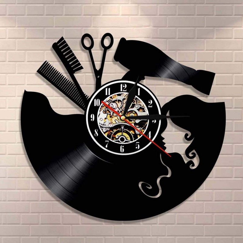 Zhiyi Vinyl Record Wall Clock Hairdresser Gift Salon Scissors Diameter