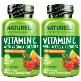 NATURELO Vitamin C with Organic Acerola Cherry Extract and Citrus Bioflavonoids - Vegan Supplement - Immune Support - 500 mg VIT C per Cap - Non-GMO - 180 Capsules (Pack of 2)