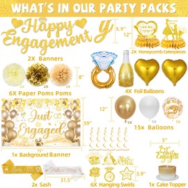 Gold Engagement Party Decorations Just Engaged Decorations Happy Engagement Banner Backdrop Banner Hanging Swirls for Married Decorations Congratulations Wedding Bachelorette Party Decorations