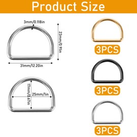 9 Pack 1" Metal D Ring, D Ring 3mm Thickness Stainless Steel Heavy Duty for Bag Metal Solid D Rings for Dog Collars, Backpacks, Webbing Straps Belts Bags Dog Leash Hand DIY Accessories(Mix-Color)