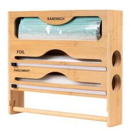 Fibogollo Wrap Dispenser with Cutter and Labels, 4-in-1 Bamboo Plastic Wrap Organizer and Paper Towel Holder with Bag Storage Box for Aluminum Foil,Cling Wrap,Wax,Parchment,Zipper Bags（Natural）