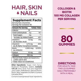 Nature's Bounty Hair, Skin & Nails with Biotin and Collagen, Citrus-Flavored Gummies Vitamin Supplement, Supports Hair, Skin, and Nail Health for Women, 2500 mcg, 80 Ct (2 Pack), 80 Total Servings