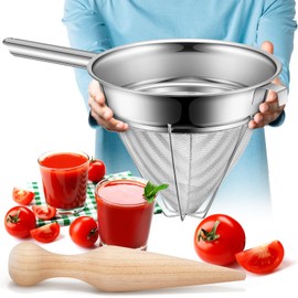 SiliFine Stainless Steel Reinforced Bouillon Strainer Sieve Strainer Cone Fine Mesh Strainer with Handle and Wood Pestle for Kitchen Food Cooking (10 Inch)