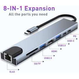 USB C Hub, 8-in-1 Laptop Docking Station with 100W PD, 4K HDMI,Ethernet, USB-A 3.0/2.0 Ports,SD/TF Card Reader, USB C Docking Station Multiport Adapter for Lenovo,Surface,MacBook Laptops