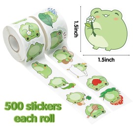 W1cwey 1000pcs Cartoon Frog Sticker Rolls(2 Rolls), 1.5 Inch 16 Design Cute Frog Decorative Decals for Kids Kawaii Frog Animals Self Adhesive Sticker for Waterbottle Luggage Scrapbook Gift Wrap Decor