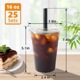 lucdnc 25 Sets - 16oz Disposable Clear Plastic Cups with Lids and Smoothies Straws Party Drinking Cups for Milkshakes,Cold Coffee