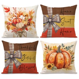 OPULANE Fall Pumpkin Pillow Covers 18x18 Inch Home Sweet Home Autumn Floral Leaves Thankful Grateful Blessed Throw Pillow Cases Holiday Seasonal Farmhouse Decorations for Sofa Couch Set of 4
