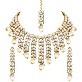 Aheli Elegant Indian Wedding Wear Faux Kundan Studded Choker Necklace with Maang Tikka Set Ethnic Fashion Jewelry Gift for Women White Stone Kundan Leaf