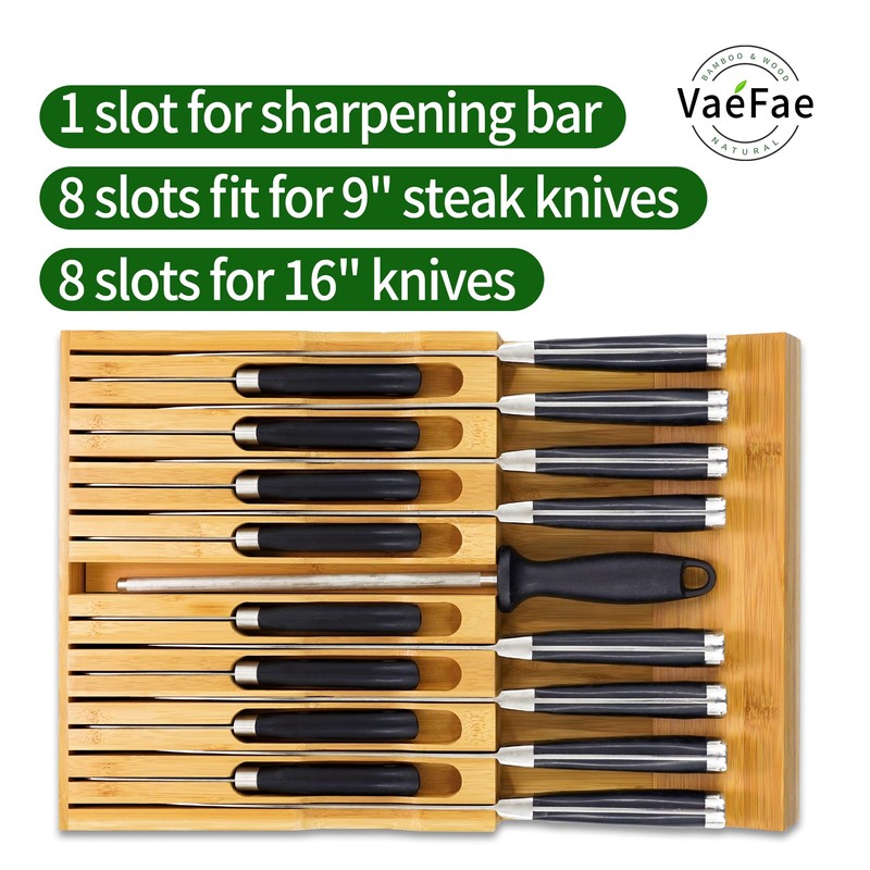 VaeFae In-Drawer Knife Block,Bamboo Knife Drawer Organizer Insert, Kitchen Knife