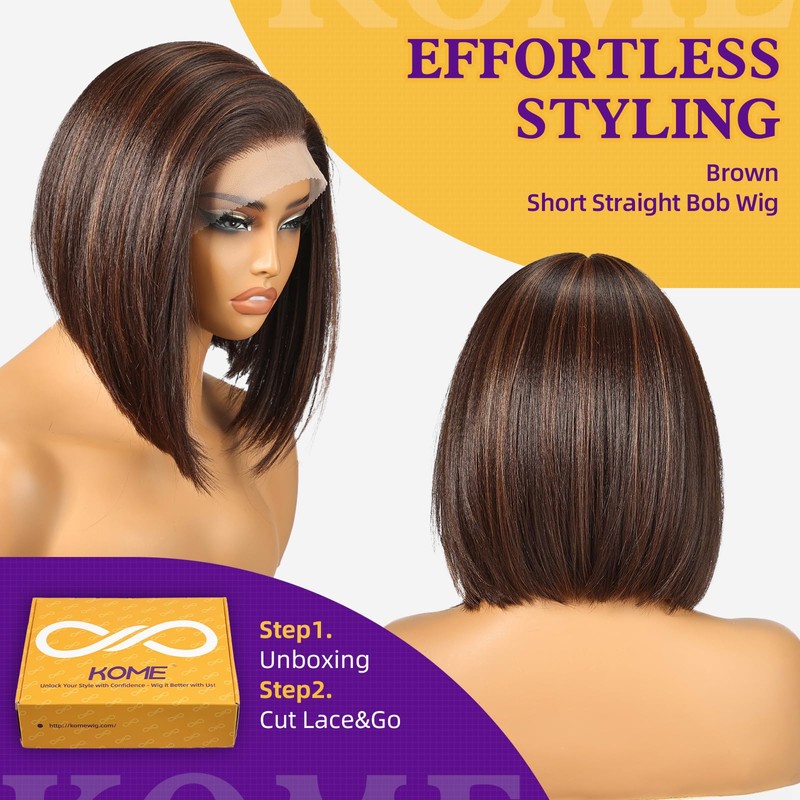 KOME Brown Highlight Synthetic Lace Front Wig,13×6 Short Straight Glueless