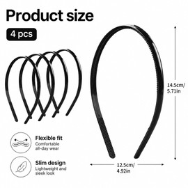 WVGSXBO 4 Pack Black Plastic Headbands for Men Women, Non-Slip Teeth Elastic Hair Bands for Sports Face Washing Daily Wear, Slim Plain Hair Hoops for DIY Styling