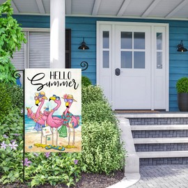 EKOREST Hello Summer Garden Flags for Outside, Watercolor Flamingos on The Beach Small Seasonal Decoration for Farmhouse Holiday Yard Outdoor Decor 12x18 Inch Double Sided