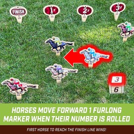 GoSports Lawn Derby Outdoor Horse Race Dice Game - Includes 6 Racehorses, 9 Furlong Markers, 1 Giant 3.5 Inch Wooden Die and Tote Bag