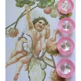 Set of 6 Vintage 1/2" Pink  Painted Rim Crystal Glass Buttons ~ NOS