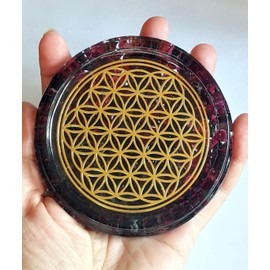 ZZYBIA LARGE 4" Garnet Crystals Flower Of Life Coaster Water Charging Plate Energy Dome