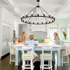 Lanhall 48” 20-Light Extra Large Wagon Wheel Chandelier, Round Black Rustic Farmhouse Chandelier Light Fixture for High Ceiling Living Room Dining Room Stairs Foyer- Adjustable Height Metal E26