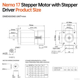 YEJMKJ Nema 17 Stepper Motor with Integrated Stepper Driver 1.8‌°‌ 2 Phase High Torque 0.7Nm(99.13oz·in) Bipolar 2.5A 1.5Ω 76mm 42 Stepper Motor with Controller for 3D Printer DIY Robot CNC Machine