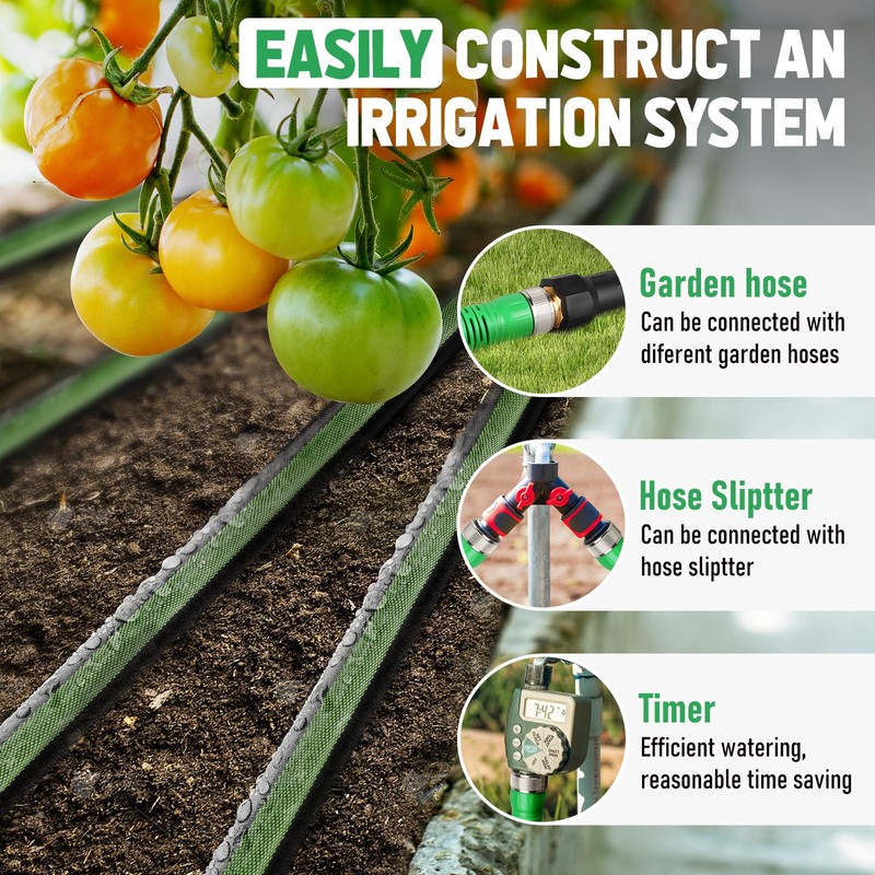 Flat Soaker Hose 50FT for Garden and Lawns, 80% Water-Saving