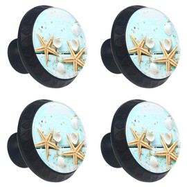 4 Pcs 35mm Seashell Starfish On Teal Wooden Background Cabinet Knobs Round Crystal Glass Drawer Handles Pull with Screws for Home, Office, Kitchen, Bathroom Cabinet, Dresser, Cupboard (1-3/8 Inches)