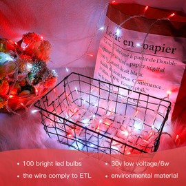 Hopolon 33FT 100 Led String Lights Indoor Outdoor,Red and White Christmas Lights Clear Wire with 8 Modes,Connectable Waterproof Twinkle Fairy String Light Plug in for Tree Room Bedroom Wedding Party