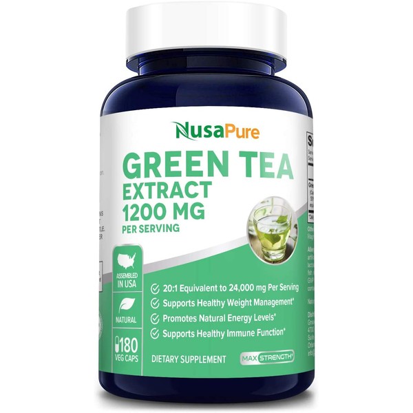 Green Tea Extract 98% 1200mg with EGCG 180 Vegan Capsules (Non-GMO & Gluten Free) Extract 20:1 Equivalent to 24000mg Green Tea Per Serving - Max Potency