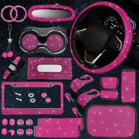 JINGSEN 25PCS Bling Car Parts Set, Car Parts Set Female Plug Universal 15 Inch, Shiny License Plate Frame, Center Console Cover and Rearview Mirror Set and Other Car Accessories(Rose Pink)