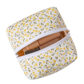 WHHJM Cube Cosmetic Makeup Bag Small Cotton Quilted Makeup Pouch for Purse Cute Floral Travel Toiletry Zipper Pouch (Yellow Floral)