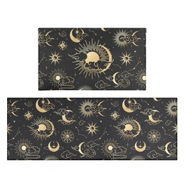 Gothic Kitchen Rugs and Mats Set of 2, Gold Moon Phase Kitchen Rug Cushioned Anti Fatigue for in Front of Sink Washable Non-Slip, Goth Kitchen Decor, Black Kitchen Floor Mats - 17x30 and 17x47 Inch