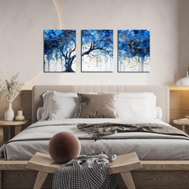 CIRABKY Blue Tree Pictures Wall Decor for Living Room - Blue and White Wall Art for Bedroom - Modern Wall Decor for Office Size 12" x 16" x 3 Pieces