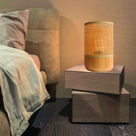 YASTLY Bamboo Woven Table Lamp with Natural Wood Base, Small Wicker Desktop Nightstand Lamp Accent Lamp for Kids Room,Living Room,Bedroom,Dorm Decor