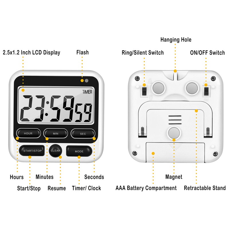 KTKUDY Digital Kitchen Timer with Mute/Loud Alarm Switch ON/Off Switch,