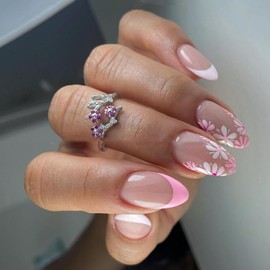 Pink Flowers French Tip Press on Nails Short Fake Nails Almond Shape Glossy False Nails with Glue on Nails Reusable Full Cover Stick on Nails Cute Artificial Nails for Spring Summer Nail Decorations