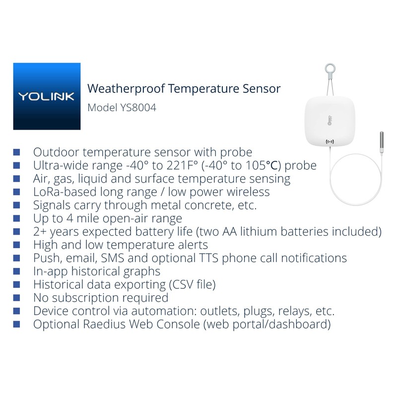 YoLink Weatherproof Fluid, Air, Surface Extreme High/Low Temperature Sensor with